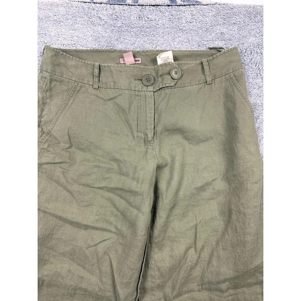 H&M Womens 10 Green Linen Wide Leg Pants Mid Rise Utility Pockets Casual Summer